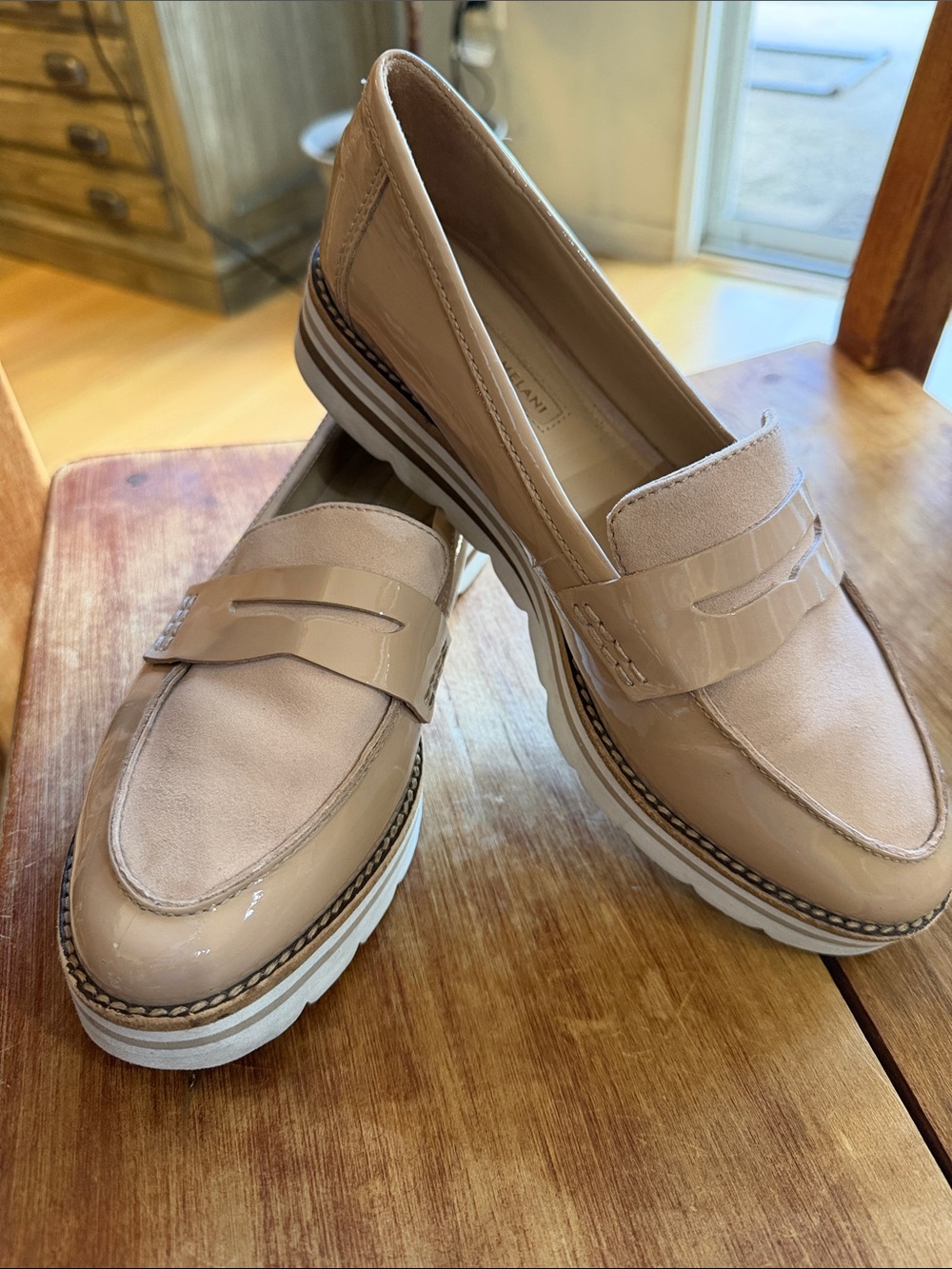 ANTONIO MELANI Beige Patent & Suede Penny Loafers